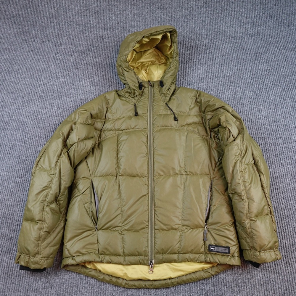 REI Down Jacket Mens Small Green Hooded Full Zip Puffer Insulated Ski Coat